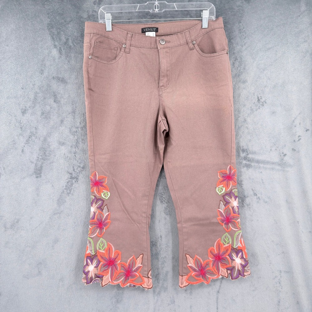 Venus Pants Womens Size 12 Brown Embroidered Floral Scallop Hem Crop Stretch Zip